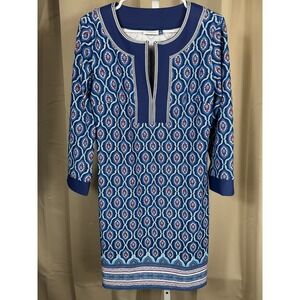 Cabana Life UPF50+ Tunic Dress Blue Geometric Print 3/4 Sleeve Women's Size S
